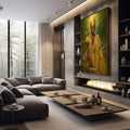 Quadro Decorativo Orixá Logunedé: Luz e Equilíbrio | quadros decorativos premium | Figura em ouro com coroa em floresta verde profunda, composição realista e majestosa | em ambiente 4 | Porao dos Quadros