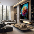 Quadro Decorativo Dália Colorida | quadros decorativos premium | Dália colorida com efeito neon luminoso em tons azul, rosa, amarelo e turquesa com fundo preto | em ambiente 4 | Porao dos Quadros