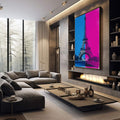 Quadro Decorativo Torre Eiffel Moderna | quadros decorativos premium | Torre Eiffel em pop art com divisão azul vibrante e rosa choque, composição gráfica contemporânea | em ambiente 4 | Porao dos Quadros