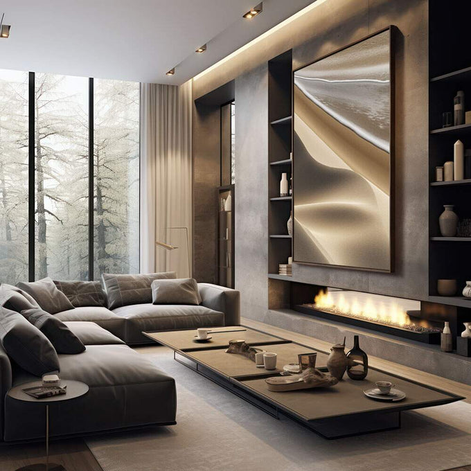Quadro Abstrato Elegância Etérea | quadros decorativos premium | Composição abstrata com formas fluidas em tons dourado, bege e cinza | em ambiente 4 | Porao dos Quadros