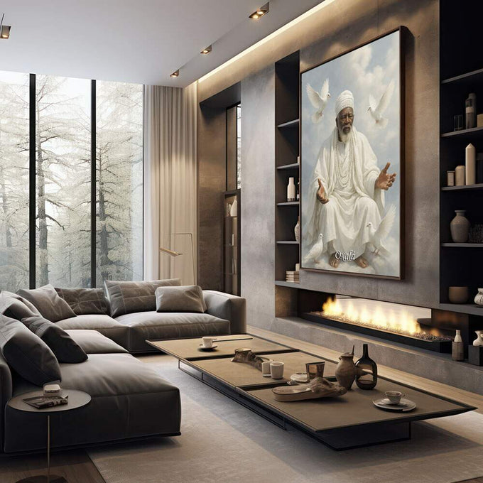 Quadro Decorativo Orixá Oxalá: Serenidade Divina | quadros decorativos premium | Sábio em vestes brancas com pombas em voo contra céu nublado em tons suaves. | em ambiente 4 | Porao dos Quadros
