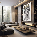 Quadro Decorativo Busto Clássico com Coroa Dourada | quadros decorativos premium | Busto clássico em preto e branco com coroa dourada e traços geométricos precisos em composição vertical. | em ambiente 4 | Porao dos Quadros