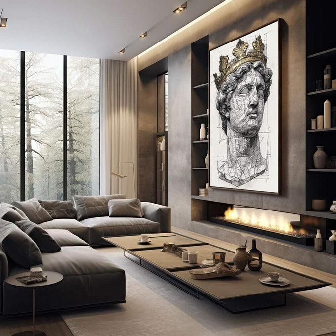 Quadro Decorativo Busto Clássico com Coroa Dourada | quadros decorativos premium | Busto clássico em preto e branco com coroa dourada e traços geométricos precisos em composição vertical. | em ambiente 4 | Porao dos Quadros