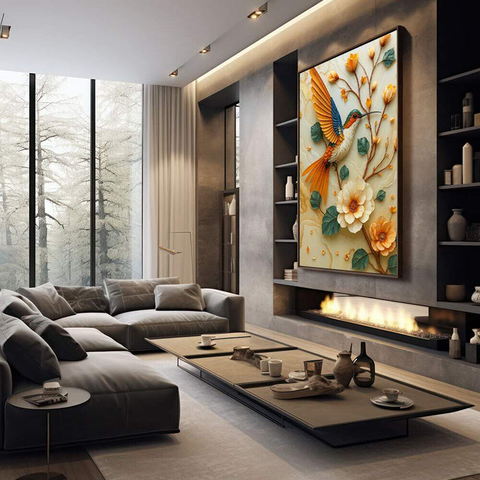 Quadro Decorativo Pássaro Vibrante Minimalista | quadros decorativos premium | Beija-flor em voo com asas douradas e azuis entre flores brancas, laranjas e bege em relevo tátil. | em ambiente 4 | Porao dos Quadros