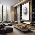 Quadro Decorativo Leão Monocromático | quadros decorativos premium | Leão branco em preto e branco com olhar profundo e juba volumosa | em ambiente 4 | Porao dos Quadros