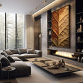 Quadro Decorativo Folha Gigante Aconchegante | quadros decorativos premium | Folha em relevo com degradê de âmbar a dourado, iluminação dramática realçando textura tátil | em ambiente 4 | Porao dos Quadros