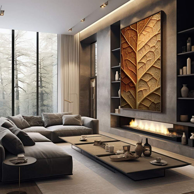 Quadro Decorativo Folha Gigante Aconchegante | quadros decorativos premium | Folha em relevo com degradê de âmbar a dourado, iluminação dramática realçando textura tátil | em ambiente 4 | Porao dos Quadros