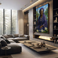 Quadro Decorativo Orixá Nanã: Sabedoria Ancestral | quadros decorativos premium | Mulher africana em roxo com lótus brancos, água ao fundo, olhar dignidade. | em ambiente 4 | Porao dos Quadros