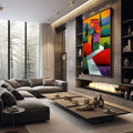 Quadro Decorativo Jornada das Casas Vibrante | quadros decorativos premium | Casarões coloridos em laranja, rosa e amarelo com paisagem de céu degradê e ciprestes verdes | em ambiente 4 | Porao dos Quadros