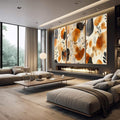 Quadro Decorativo Tripartite de Tons Terrosos para Ambientes Sofisticados | quadros decorativos premium | Triptical com flores abstratas em laranja queimado, preto e texturas pontilhadas em aquarela | em ambiente 4 | Porao dos Quadros