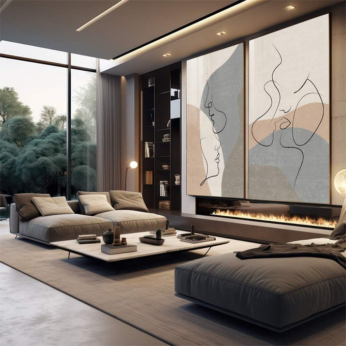 Quadro Decorativo Elegância Abstrata - Toque Moderno | quadros decorativos premium | Dois quadros com perfis abstratos em linha contínua em tons bege, cinza e azul pastel. | em ambiente 4 | Porao dos Quadros