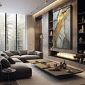 Quadro Decorativo Mármore com Detalhes em Dourado | quadros decorativos premium | Abstração com veios dourados rasgando tons cinzentos e azulados em composição elegante | em ambiente 4 | Porao dos Quadros