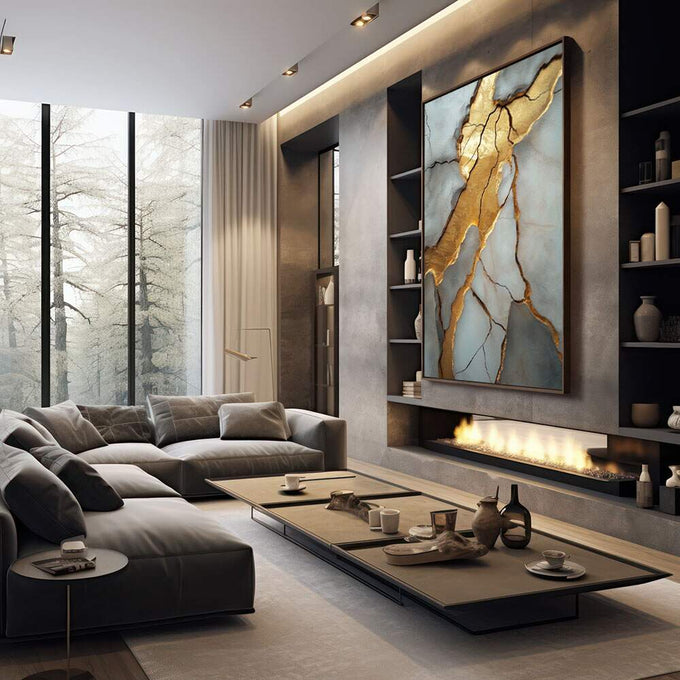Quadro Decorativo Mármore com Detalhes em Dourado | quadros decorativos premium | Abstração com veios dourados rasgando tons cinzentos e azulados em composição elegante | em ambiente 4 | Porao dos Quadros