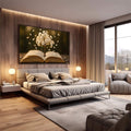 Quadro Decorativo: Livro e Árvore da Vida | quadros decorativos premium | Livro aberto com flor branca e pétalas flutuantes em tons dourados e creme | em ambiente 4 | Porao dos Quadros
