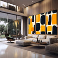 Quadro Abstrato Tríptico Moderno em Amarelo e Preto | quadros decorativos premium | Três painéis com formas geométricas em amarelo vibrante e preto em composição abstrata moderna | em ambiente 4 | Porao dos Quadros