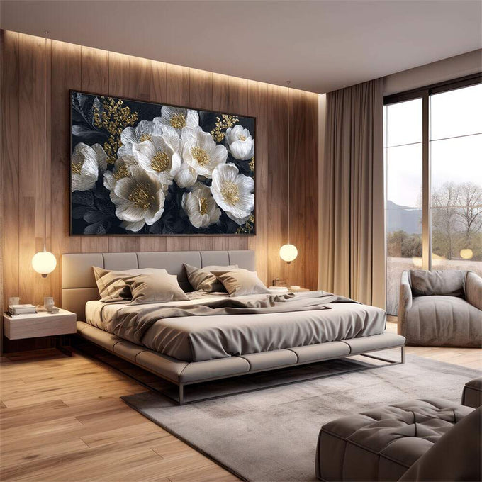 Quadro Decorativo Elegância Floral Dourada | quadros decorativos premium | Flores brancas e douradas em textura realista contra fundo preto profundo | em ambiente 4 | Porao dos Quadros