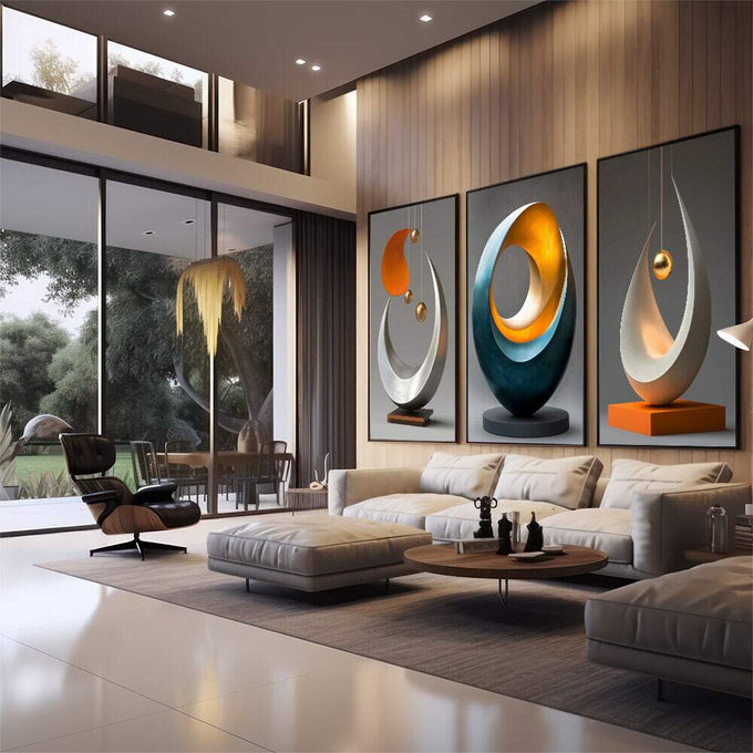 Conjunto Abstrato de Quadros Fluídos - Movimento e Elegância em 3 Peças | quadros decorativos premium | Três painéis abstratos com formas ovais e anéis brilhantes em laranja, azul e branco | em ambiente 4 | Porao dos Quadros