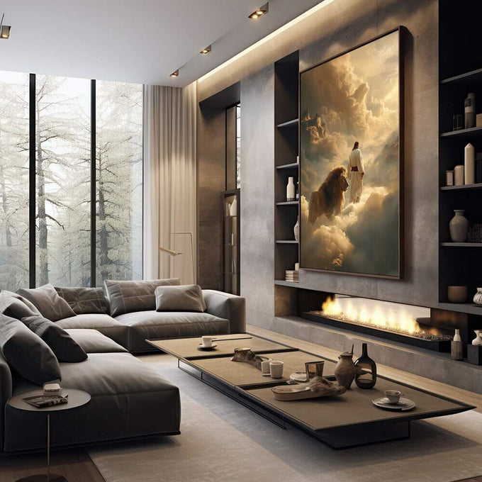 Quadro Decorativo Jesus e Leão em Harmonia Divina | quadros decorativos premium | Homem em vestes brancas ao lado de leão majestoso envolvidos em nuvens douradas com raios de luz celestial | em ambiente 4 | Porao dos Quadros