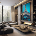 Quadro Decorativo Premium A Imponência da Torre Eiffel | quadros decorativos premium | Torre Eiffel em perspectiva vertiginosa com céu turquesa vibrante e moldura dourada | em ambiente 4 | Porao dos Quadros