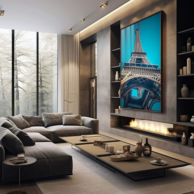 Quadro Decorativo Premium A Imponência da Torre Eiffel | quadros decorativos premium | Torre Eiffel em perspectiva vertiginosa com céu turquesa vibrante e moldura dourada | em ambiente 4 | Porao dos Quadros