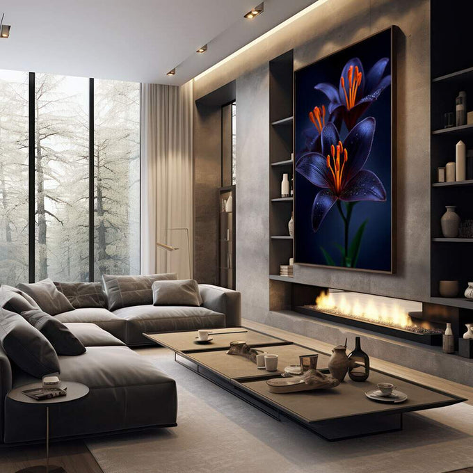 Quadro Decorativo Lírios em Harmonia | quadros decorativos premium | Três flores com pétalas azuis profundas e miolo laranja vibrante sobre fundo preto | em ambiente 4 | Porao dos Quadros