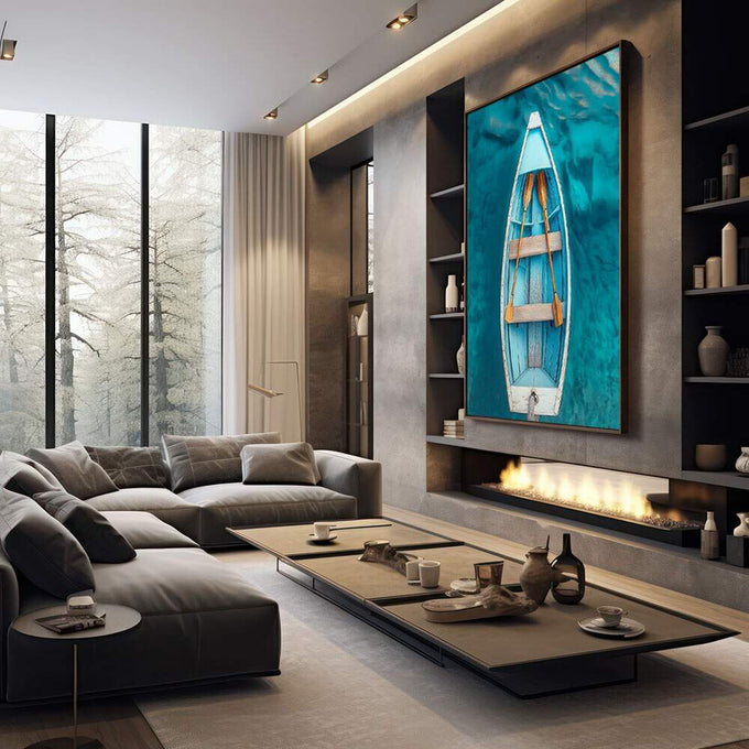 Quadro Decorativo Canoa Serene Moderna | quadros decorativos premium | Barco azul e branco flutuando em águas turquesas vistas de cima com sombra e detalhes de cordas laranja. | em ambiente 4 | Porao dos Quadros