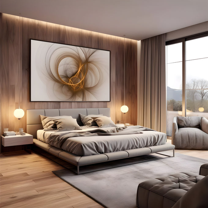 Linhas curvas douradas em espiral fluida sobre fundo bege claro, arte abstrata quadro decorativo