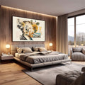 Quadro Decorativo - Retrato Vibrante em Colagem | quadros decorativos premium | Retrato em colagem artística com girassol, folhas e paisagem montanhosa em tons bege e dourado | em ambiente 4 | Porao dos Quadros