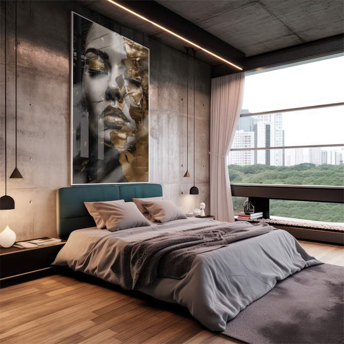 Quadro Decorativo Elegância em Folha de Ouro: Transforme Seu Ambiente | quadros decorativos premium | Rosto em preto e branco com dourado líquido escorrendo pela face em composição artística. | em ambiente 4 | Porao dos Quadros