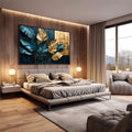 Quadro Decorativo Folhas Douradas e Azuis | quadros decorativos premium | Folhas douradas e azuis em composição moderna com fundo geométrico luxuoso | em ambiente 4 | Porao dos Quadros