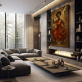 Quadro Decorativo Orixá Iansã: Vento e Coragem | quadros decorativos premium | Figura feminina em vermelho com raios dourados, borboletas e energia divina em composição realista. | em ambiente 4 | Porao dos Quadros