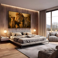 Leão majestoso com dois jovens leões e filhote em fundo dourado de savana, quadro decorativo