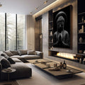 Quadro Decorativo Buda Sereno | quadros decorativos premium | Buda em meditação preto e branco com halo luminoso em composição contemplativa vertical | em ambiente 4 | Porao dos Quadros