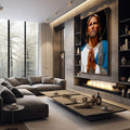 Quadro Decorativo Série de Oração: Religioso Serene | quadros decorativos premium | Figura em oração com auréola dourada sobre fundo negro, vestes azuis e brancas em composição realista. | em ambiente 4 | Porao dos Quadros