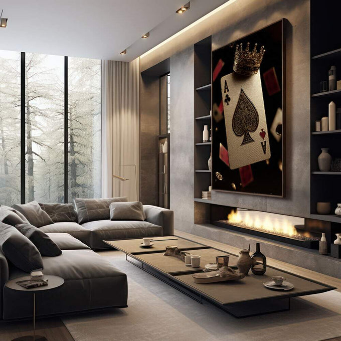 Quadro Decorativo Ás de Espadas Dourado | quadros decorativos premium | Ás de espadas dourado com coroa reluzente em fundo preto absoluto, contraste luxuoso. | em ambiente 4 | Porao dos Quadros