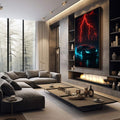 Quadro Decorativo Tempestade Futurista em Movimento | quadros decorativos premium | Carro esportivo negro com luzes azuis sob tempestade de raios vermelhos intensos | em ambiente 4 | Porao dos Quadros