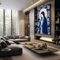 Quadro Decorativo Serene Devotion | quadros decorativos premium | Nossa Senhora com véu azul, auréola dourada e flores brancas ao redor em composição religiosa ilustrativa | em ambiente 4 | Porao dos Quadros