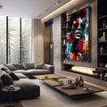 Quadro Decorativo: Estilo Urbano e Vibrante | quadros decorativos premium | Rosto com óculos em colagem urbana com cores vibrantes vermelho, azul, laranja e preto. | em ambiente 4 | Porao dos Quadros