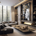 Quadro Decorativo Leões Estilizados Modernos | quadros decorativos premium | Dois leões em perfil — um dourado e preto, outro branco — em composição de alto contraste expressionista. | em ambiente 4 | Porao dos Quadros