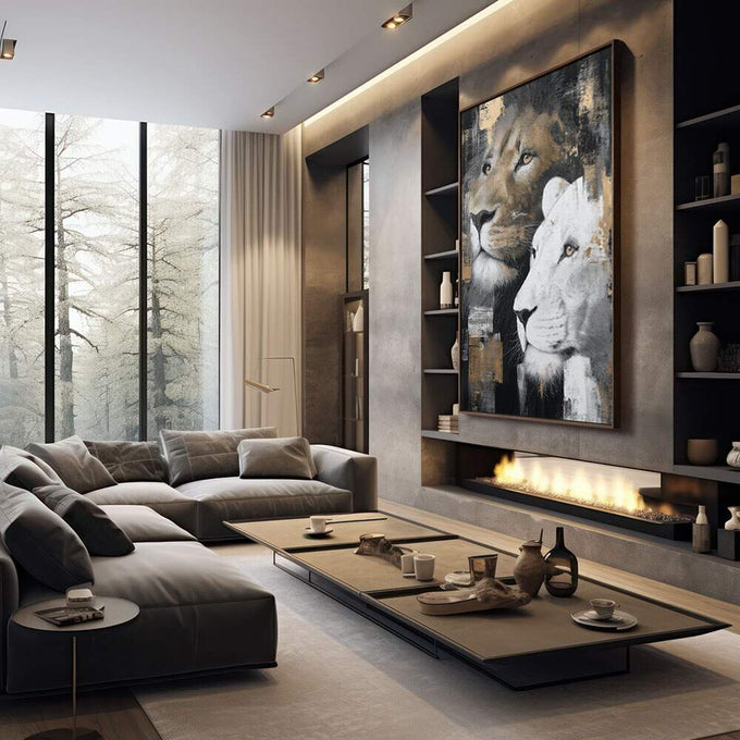 Quadro Decorativo Leões Estilizados Modernos | quadros decorativos premium | Dois leões em perfil — um dourado e preto, outro branco — em composição de alto contraste expressionista. | em ambiente 4 | Porao dos Quadros