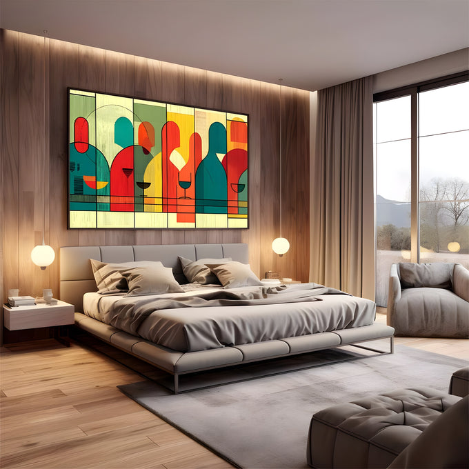 Garrafas de vinho e taças em formas geométricas vermelhas, verdes e amarelas, quadro decorativo