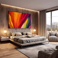 Quadro Decorativo Vibrante e Dinâmico | quadros decorativos premium | Quadro abstrato com linhas dinâmicas em laranja, vermelho, roxo, amarelo e verde vibrantes | em ambiente 4 | Porao dos Quadros