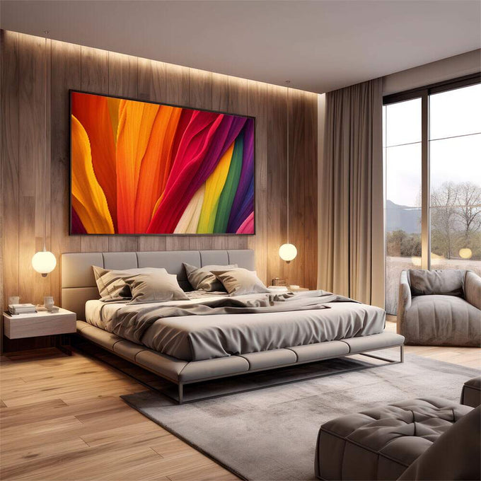 Quadro Decorativo Vibrante e Dinâmico | quadros decorativos premium | Quadro abstrato com linhas dinâmicas em laranja, vermelho, roxo, amarelo e verde vibrantes | em ambiente 4 | Porao dos Quadros