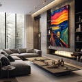 Quadro Decorativo O Grito Arte Impactante | quadros decorativos premium | Figura angustiada em tons azuis e laranja vibrantes com ondulações expressionistas dinâmicas | em ambiente 4 | Porao dos Quadros