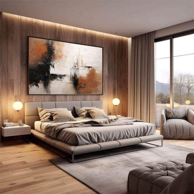 Quadro Decorativo Abstrato Laranja e Preto | quadros decorativos premium | Pintura abstrata com tons de marrom, laranja e branco em composição dinâmica com gestos soltos | em ambiente 4 | Porao dos Quadros