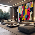 Quadro Decorativo Moderno: Elegância e Sofisticação em Dois Tons | quadros decorativos premium | Díptico pop art com rosto feminino em magenta, amarelo, azul e preto com padrões pontilhados | em ambiente 4 | Porao dos Quadros