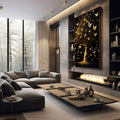 Quadro Decorativo Árvore Elegante em Dourado | quadros decorativos premium | Árvore dourada com borboletas douradas ascendendo em fundo preto escuro. | em ambiente 4 | Porao dos Quadros