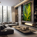 Macro de folha verde com nervuras amarelas iluminadas e textura detalhada, quadro decorativo