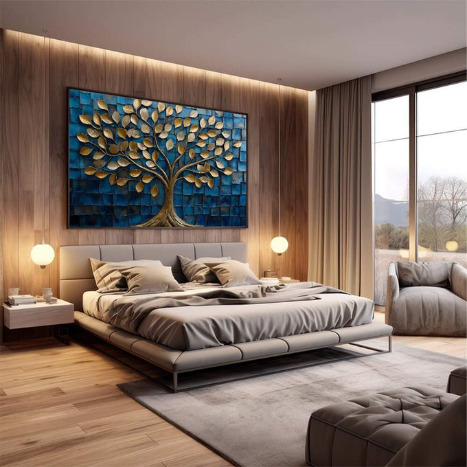 Quadro Decorativo Árvore Dourada em Azul Profundo | quadros decorativos premium | Árvore com folhas douradas luminosas em fundo azul estruturado e texturizado | em ambiente 4 | Porao dos Quadros