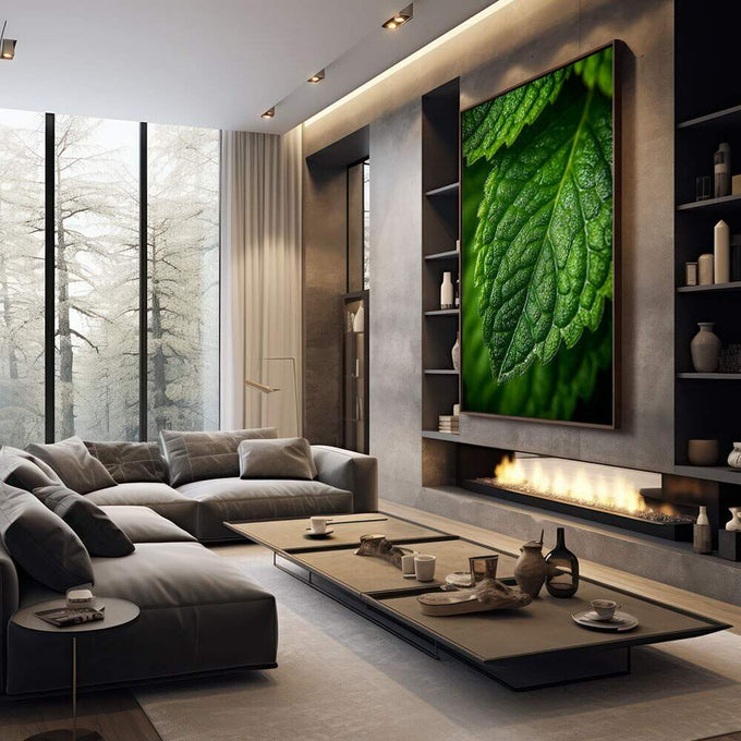 Quadro Decorativo Folhas Verdes Vibrantes | quadros decorativos premium | Folha verde com gotas de orvalho em macrofotografia detalhada com luz natural | em ambiente 4 | Porao dos Quadros